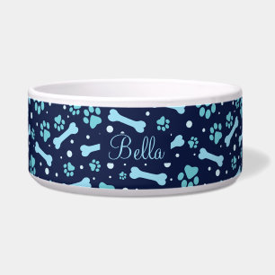 Tigela Cachorro com Pegadas de Pata Azuis Personalizadas