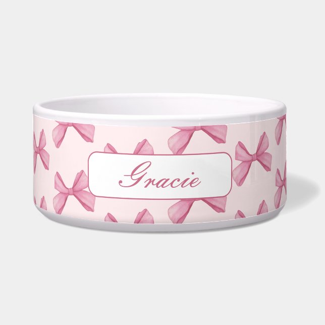 Tigela Cachorro de Arco Rosa de Script Personalizado (Frente)