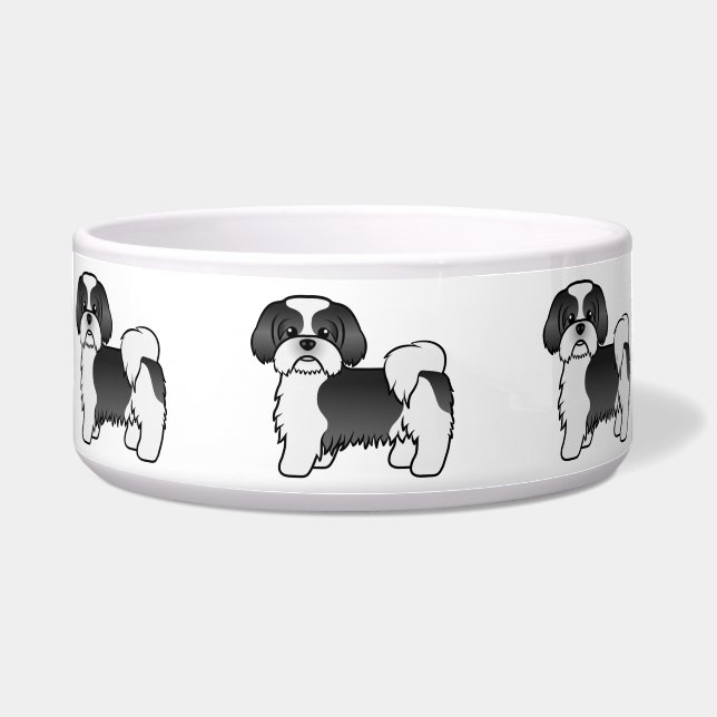 Tigela Cachorro de Cartoon Negro E Branco Shih Tzu Cute (Frente)