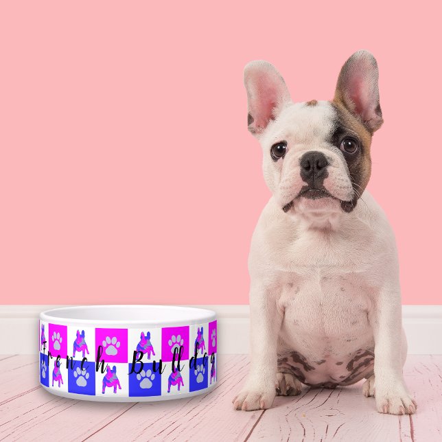 Tigela Cachorro-Grande Francês Cachorro e Pata Quente Ros (French Bulldog pink and blue dog bowl)