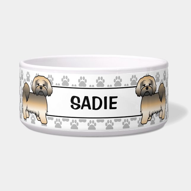 Tigela Cachorro Lhasa Apso Sable Dourado Com Patas & Nome (Frente)