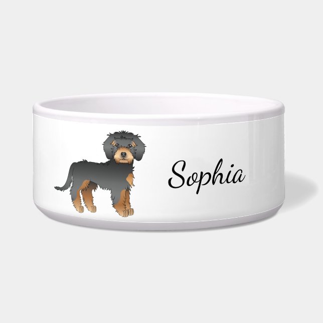 Tigela Cachorro Mini Goldendoodle Black & Tan em Pé & Nom (Frente)