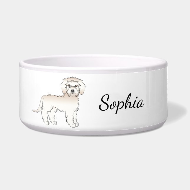 Tigela Cachorro Mini Goldendoodle Dourado em Pé & Nome (Frente)