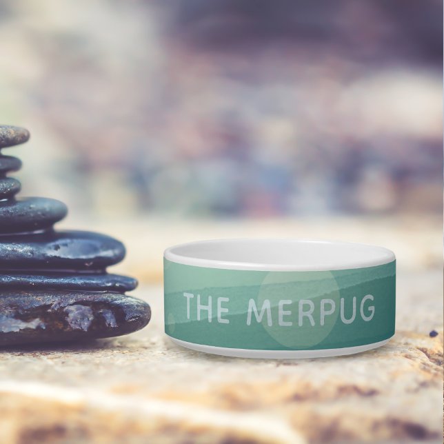 Tigela Cachorro Personalizado Cachorro de Cobra Teal Cuja (Add your sea dog's name to this teal watercolor pet food bowl)