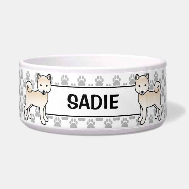 Tigela Cachorro Shiba Inu Fofo de Creme Com Nome do Pet (Frente)