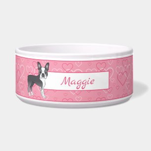 Tigela Cachorro Terrier Azul de Boston em Corações Rosa e