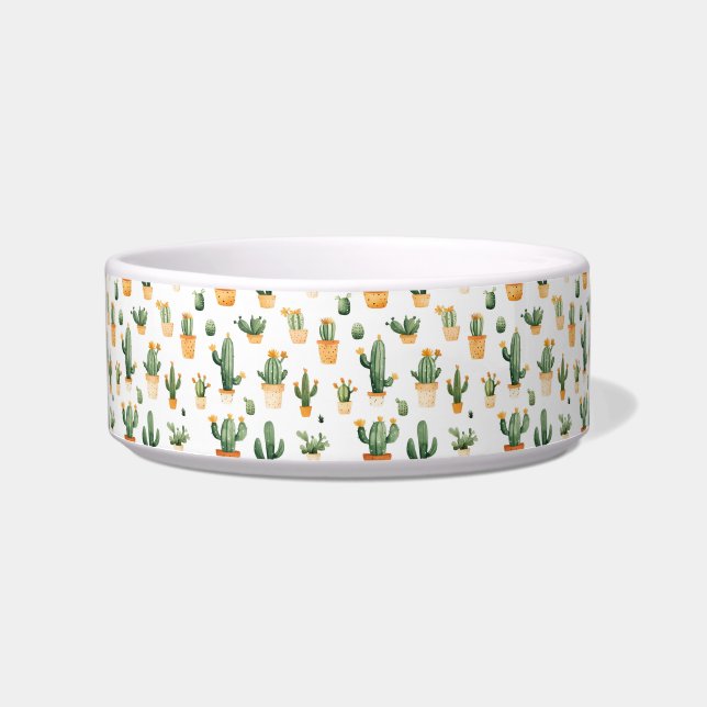 Tigela Cactus Potado em Pet Bowl Branco (Frente)