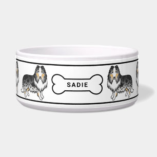 Tigela Cães de Collie Rough Blue Merle com nome e osso