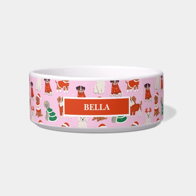 Tigela Cães de Natal Rosa Personalizados Pet (Frente)