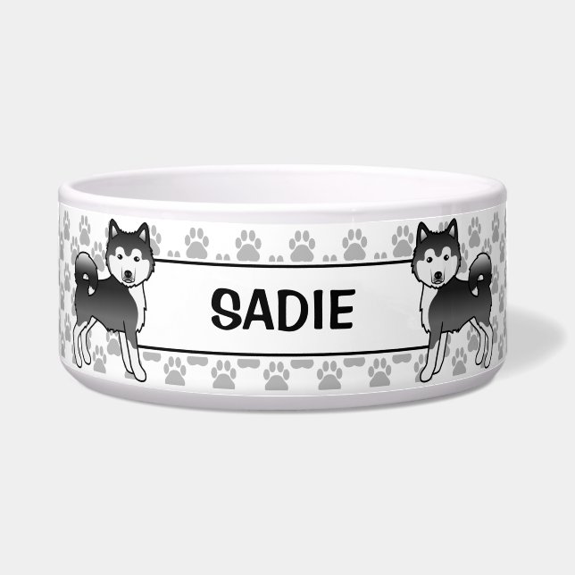 Tigela Cães Malamute do Alasca Preto e Branco & Nome (Frente)