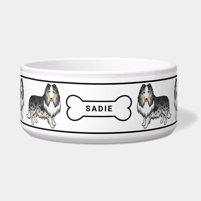 Tigela Cães Rough Collie Blue Merle Com Osso e Nome (Frente)