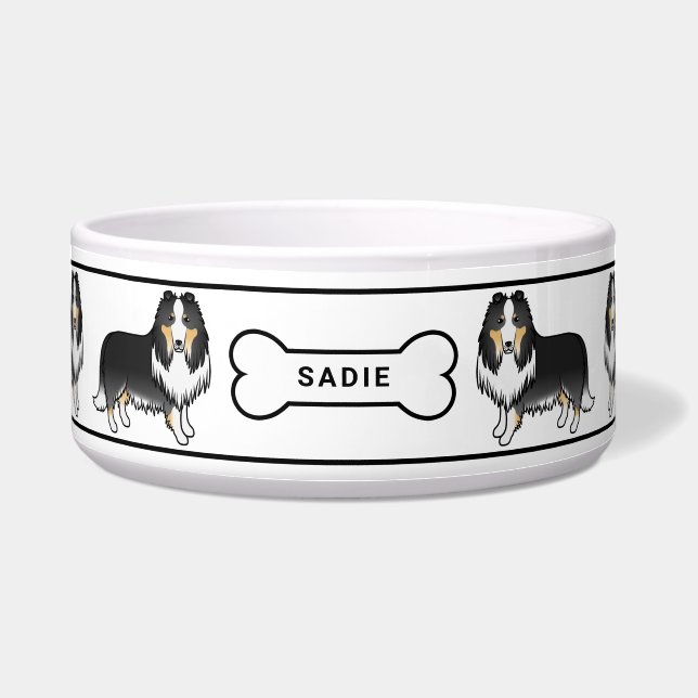 Tigela Cães Rough Collie Tricolor Com Osso & Nome (Frente)