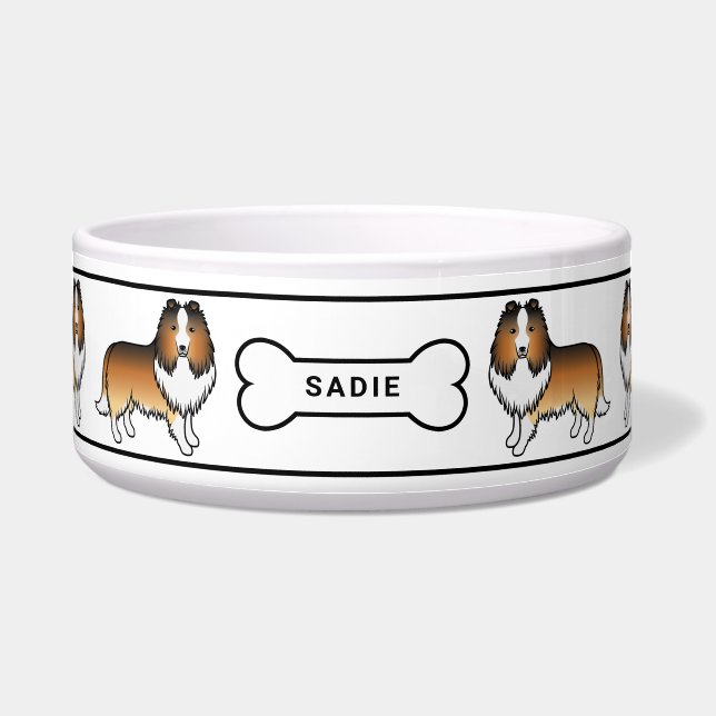 Tigela Cães Sable Sheltie Com Osso & Nome (Frente)