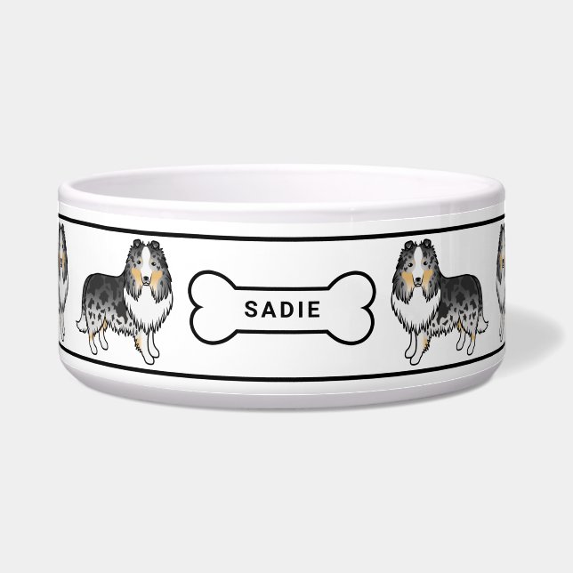 Tigela Cães Sheltie Blue Merle Com Osso E Nome (Frente)