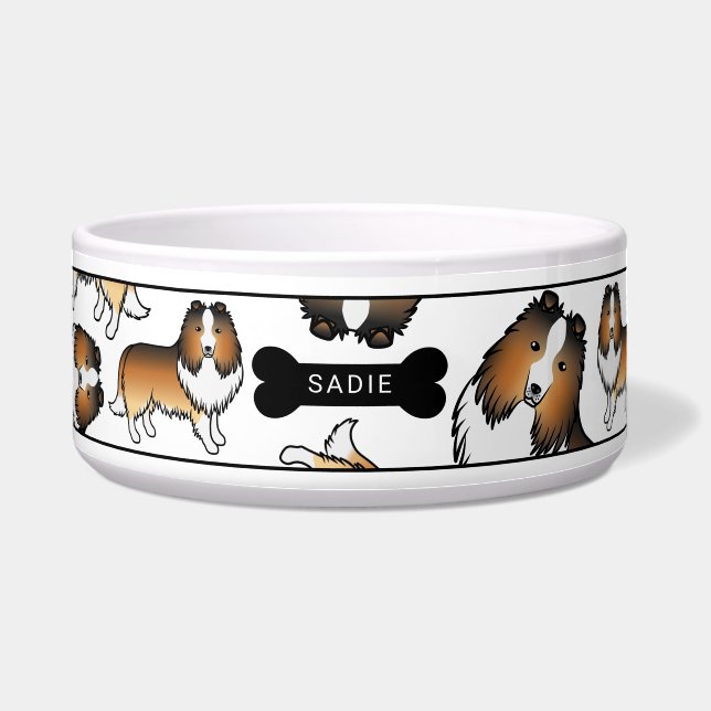 Tigela Cães Sheltie Cartoon Sable Padrão & Nome (Frente)