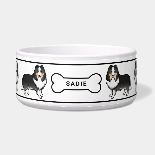 Tigela Cães Sheltie Tricolor Com Osso & Nome (Frente)