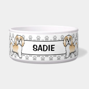Tigela Cão De Fawn E De Havanês Branco Com Pistas E Nome