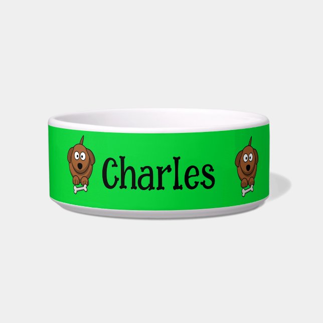 Tigela Cão-marrom com osso personalizado em verde (Frente)