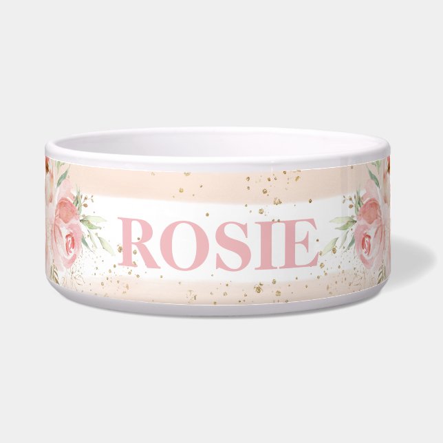 Tigela Cão Pet Gato-de-gato Blush Rosas Florais Rosa Cinz (Frente)