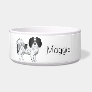 Tigela Cão Phalène Negro E Branco Com Nome Personalizado