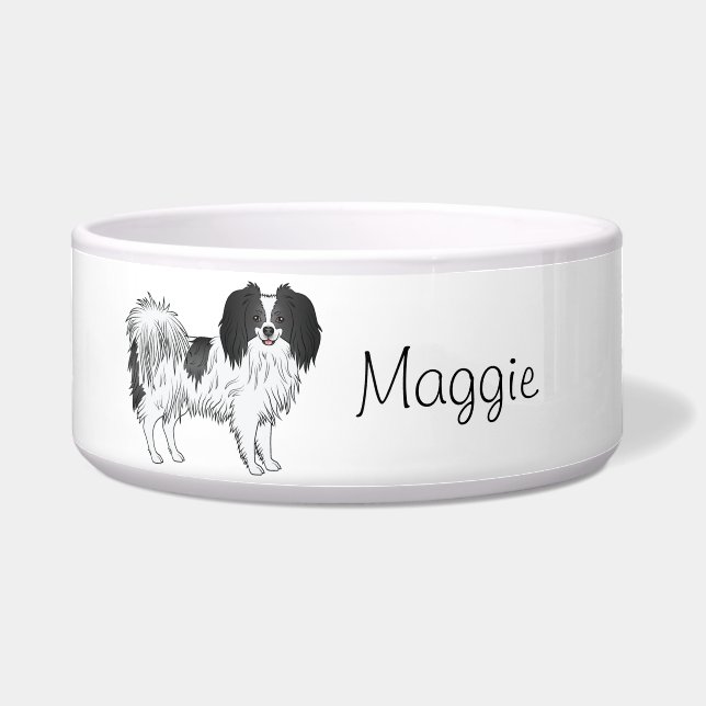 Tigela Cão Phalène Preto e Branco com Nome Personalizado (Frente)