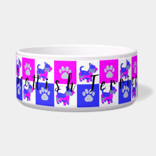 Tigela Cão-Terrier escocês e pata-rosa-quente e azul-de-e