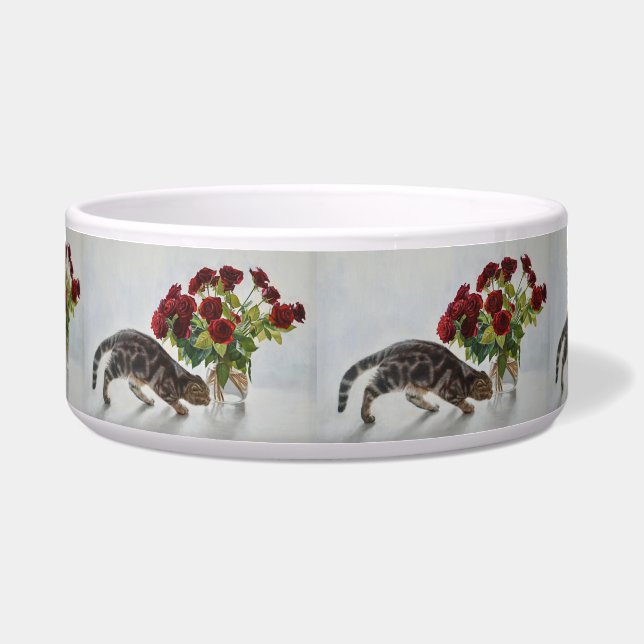 Tigela Cat and Red Roses – Realistic Oil Painting Print (Frente)