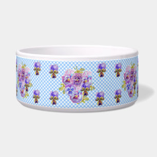 Tigela Cat Dog Shabby Floral Blue Gingham Cut Pet Name