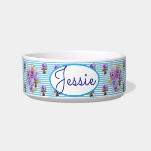 Tigela Cat Dog Shabby Floral Pansy Blue Pet Name Bowl