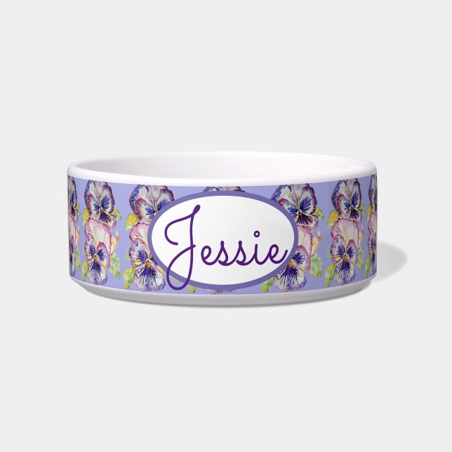 Tigela Cat Dog Shabby Floral Pansy Pansies Pet Name Bowl (Frente)