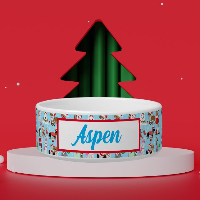 Tigela Celebração dos Cães de Natal Nome do Pet (Fun whimsical Christmas pattern that is fun to add to your Christmas decorations! )