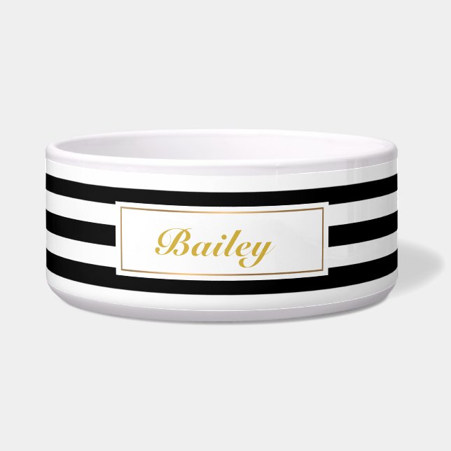 Tigela Chic Black Gold Stripes Personalizado Pet Nome (Frente)