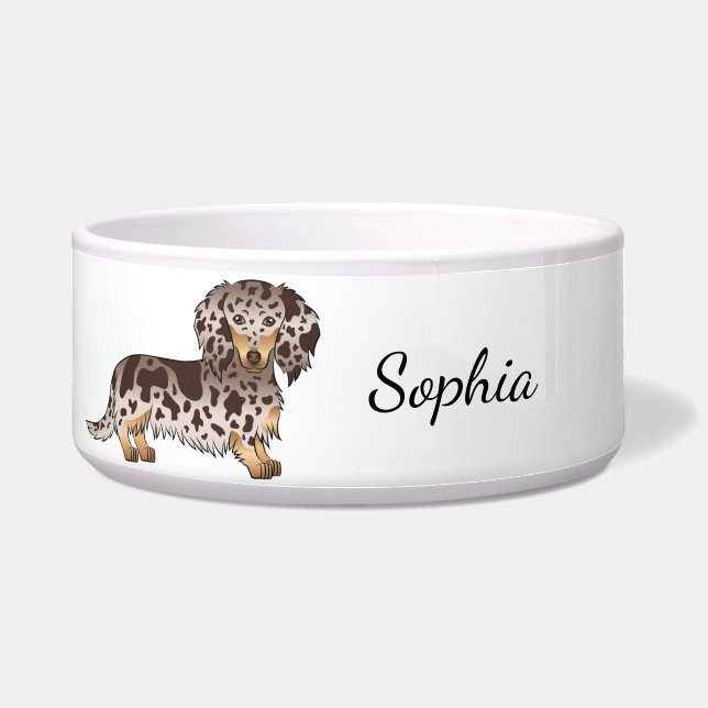 Tigela Chocolate & Tan Dapple Long Hair Dachshund & Name (Frente)