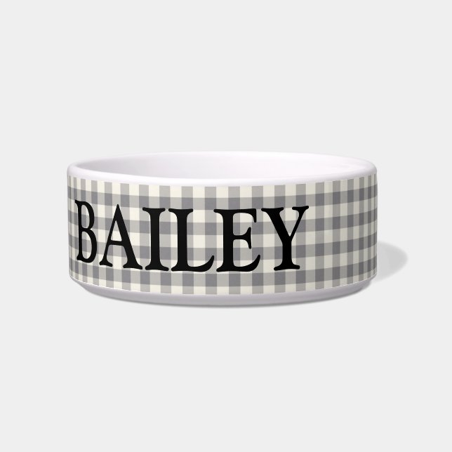 Tigela Cinza Branca Personalizada Gingham Nome Grande (Frente)