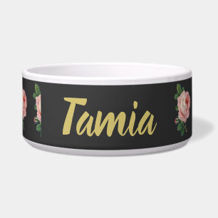 Tigela Cinza de nome personalizado de flor rosa