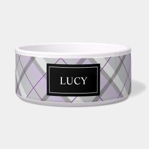 Tigela Cinza E Padrão De Xadrez Lilac Com Nome De Pet