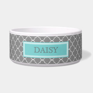 Tigela Cinza Teal Quatrefoil Nome Personalizado Cão Bowl