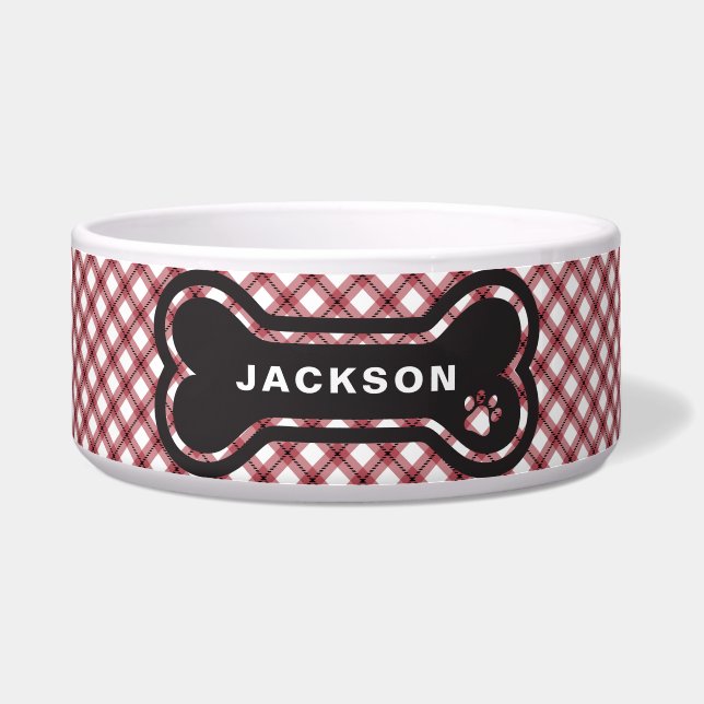 Tigela Classic Red & White Argyle Plaid Dog Bone (Frente)