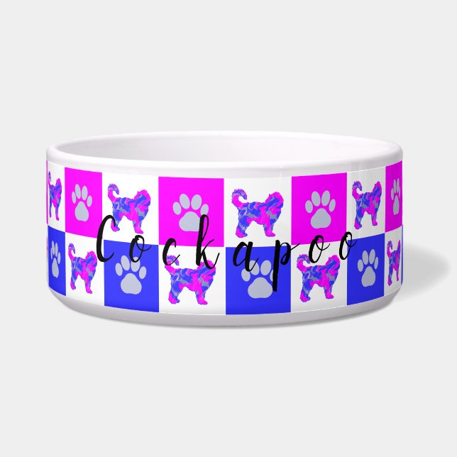 Tigela Cockapoo Cachorro e Pata Quente Rosa e Azul Pet Bo (Frente)