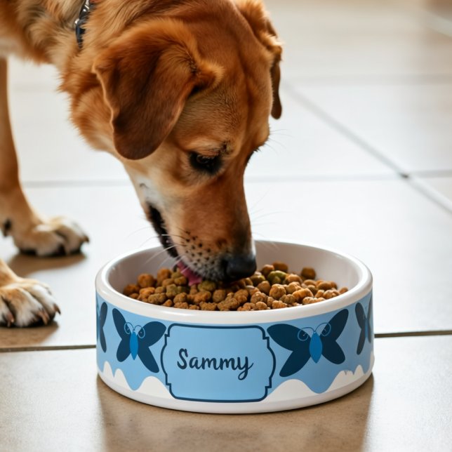 Tigela Comida para animais Borboleta Azul e Azul Escuro (Looking for something special for the dog in your life? Hand drawn art with a custom name tag.)