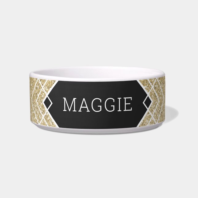 Tigela Comida Personalizada de Cachorro de Glitter Dourad (Frente)