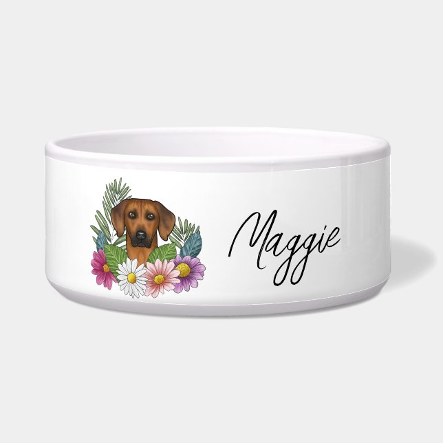 Tigela Cores de Rhodesian Ridgeback e Nome entre Flores S (Frente)