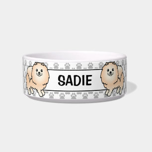 Tigela Cream Pomeraniano - Cute Cartoon Dog & Name