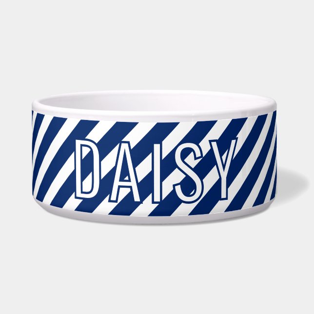 Tigela Custom Name Classic White Navy Stripe Pattern (Frente)