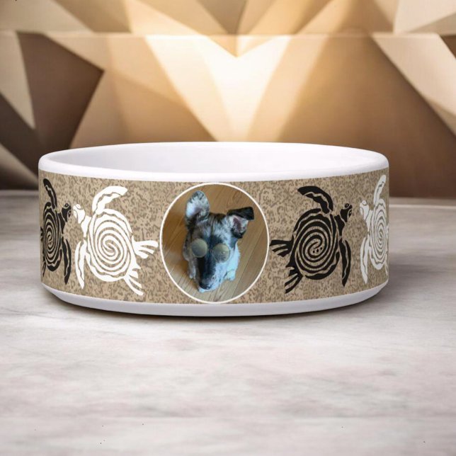 Tigela Custom Pet Photo Sandy Beach Turtles (Custom photo ceramic pet bowl with tribal art turtles around the outside of the bowl.)