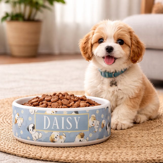 Tigela Customizable Blue Puppy and Floral Pattern  (Criador carregado)