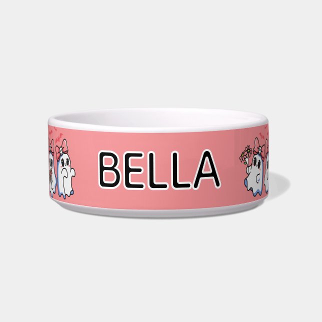 Tigela Cute Girly Ghosts with Bows Halloween Cat Feeding (Frente)