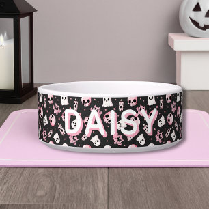 Tigela Cute Tên Personalizado Rosa e Preto Halloween Cach