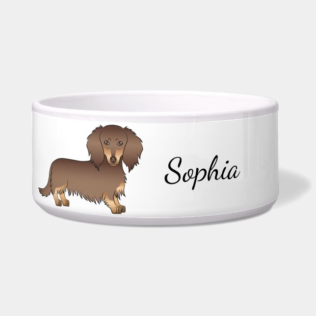 Tigela Dachshund de Cabelo Longo Chocolate e Tan & Nome (Frente)