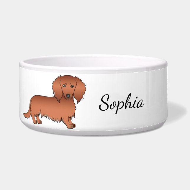 Tigela Dachshund de Cabelo Longo Vermelho Cachorro de Des (Frente)